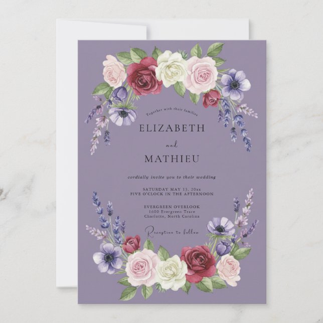 Lavendel-Maroon-Blütenhochzeit Einladung (Vorderseite)