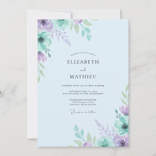 Lavendel-Minz-Gemalte Hochzeit Einladung (Vorderseite)