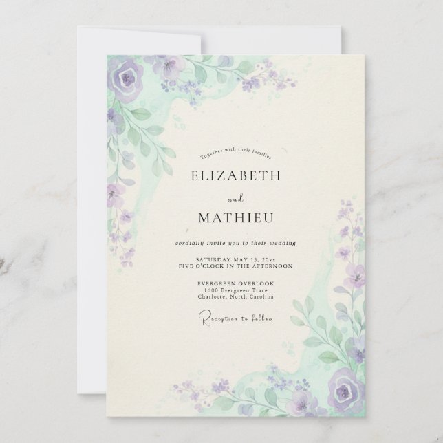Lavendel-Minze-Blatt-Hochzeit Einladung (Vorderseite)