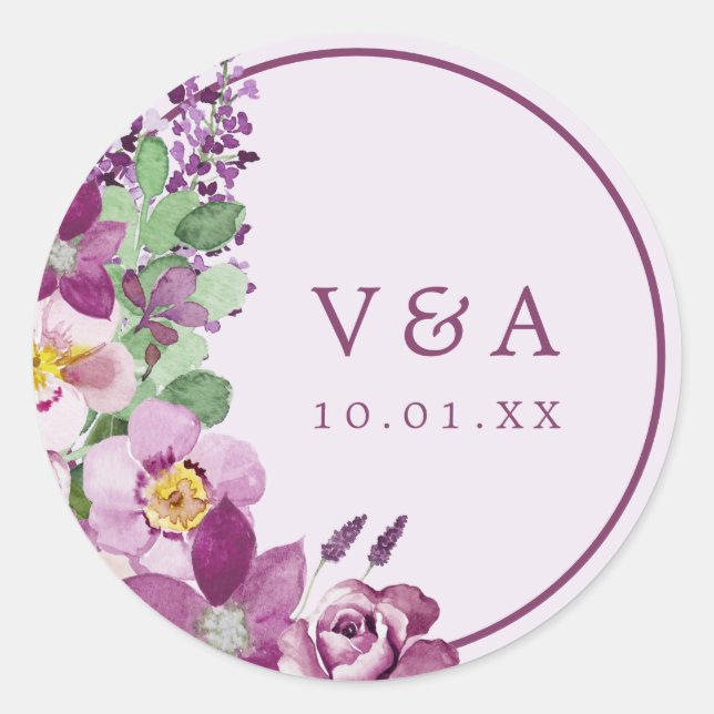 Lavendel-Monogramm-Hochzeitsaufkleber Runder Aufkleber (Vorderseite)