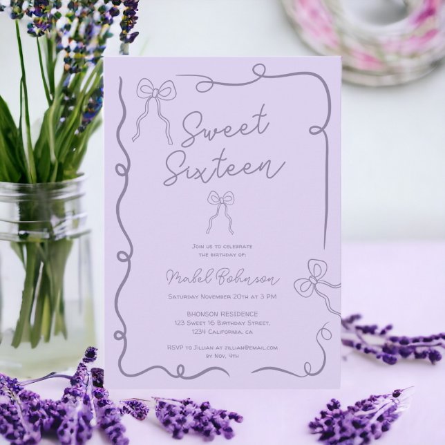 Lavendel niedlich Bowge Bänder Illustrationen Swee Einladung (Lavender cute bows ribbons illustrations Sweet 16 Invitation)
