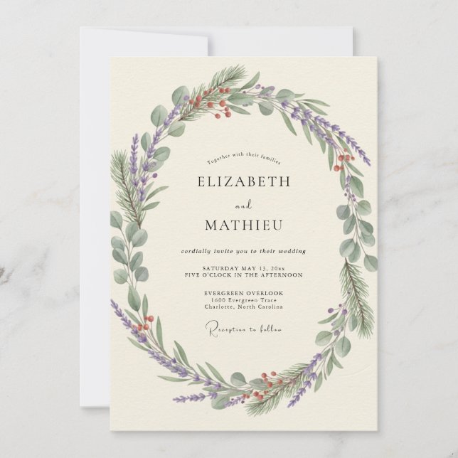 Lavendel-Oliven-Kranz-Hochzeit Einladung (Vorderseite)