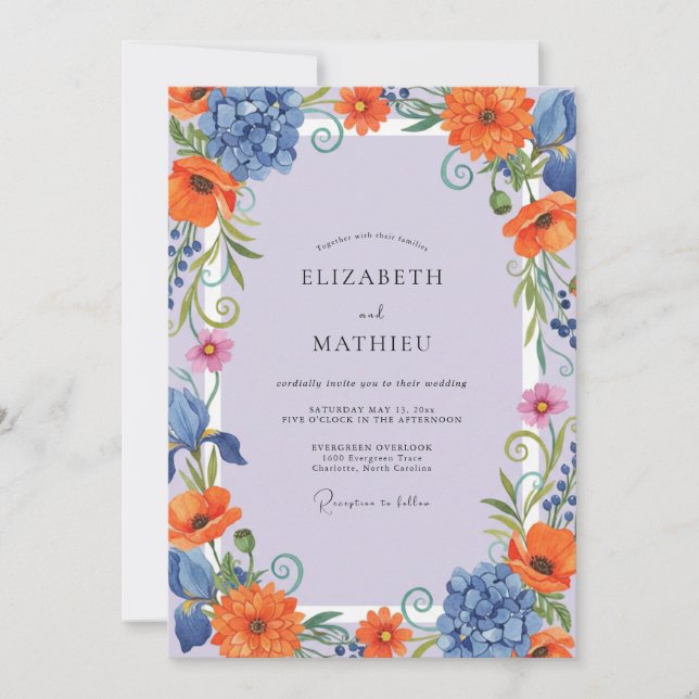 Lavendel-Orange gestaltete Hochzeit Einladung (Vorderseite)