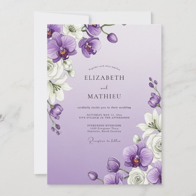 Lavendel-Orchideen-Hochzeit Einladung (Vorderseite)