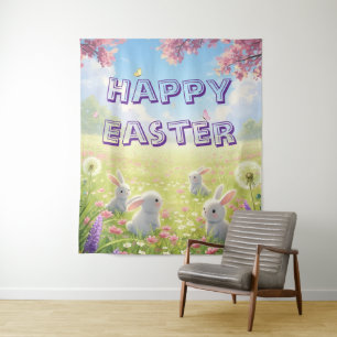 Lavendel Ostern Süße Weiße Hase Floral Frühling Wandteppich