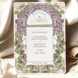 Lavendel Petunia Save-the-Date im Vintage-Jugendst Einladung