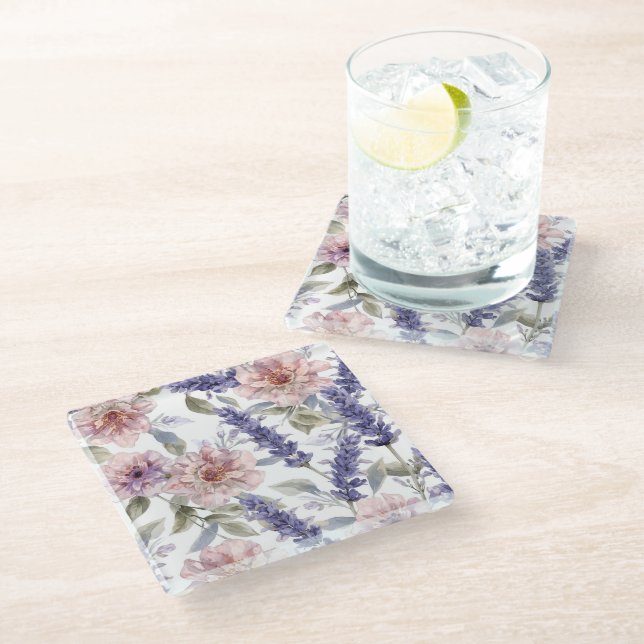 Lavendel-Pfingstrose-Wasserfarben-Blumengarten  Glasuntersetzer (Schrägansicht)