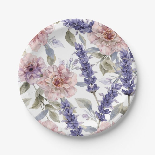 Lavendel-Pfingstrose-Wasserfarben-Blumengarten  Pappteller (Vorderseite)