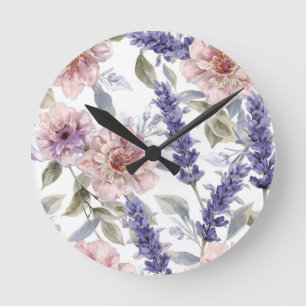Lavendel-Pfingstrose-Wasserfarben-Blumengarten Runde Wanduhr