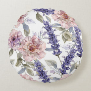 Lavendel-Pfingstrose-Wasserfarben-Blumengarten  Rundes Kissen
