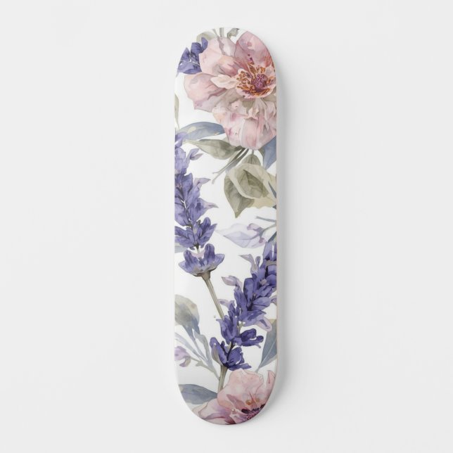 Lavendel-Pfingstrose-Wasserfarben-Blumengarten  Skateboard (Vorderseite)