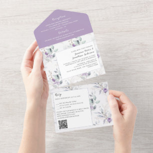 Lavendel-Pfingstrosen, Weiße Rosen Florale Hochzei All In One Einladung