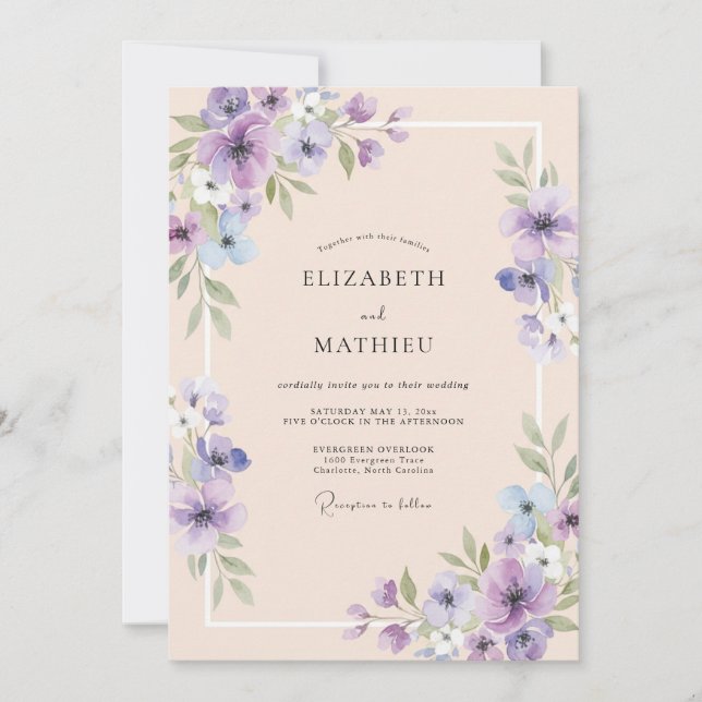 Lavendel-Pfirsich-Blatt-Hochzeit Einladung (Vorderseite)