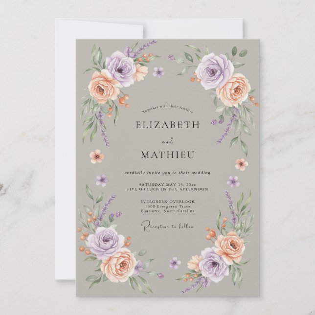 Lavendel-Pfirsich-Blumenhochzeit Einladung (Vorderseite)