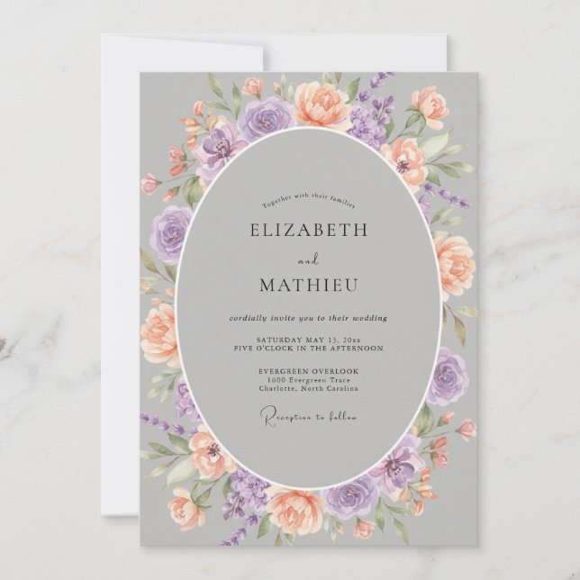 Lavendel-Pfirsichblüten-Hochzeitsschmuck Einladung (Vorderseite)