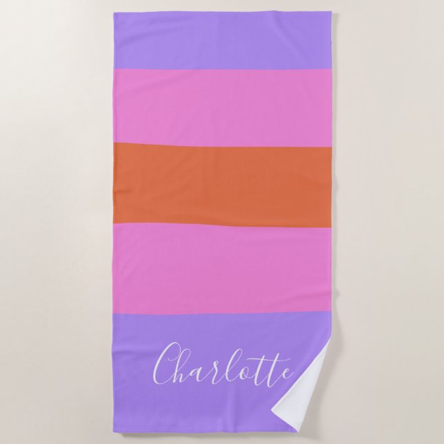 Lavendel Pink Orange Wide Stripes Personalisiert Strandtuch (Vorderseite)