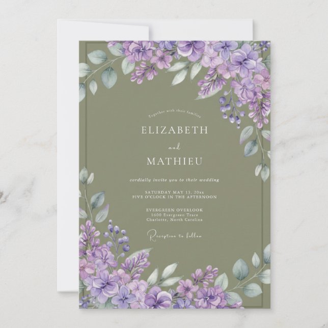 Lavendel-Pinselbrosche-Hochzeit Einladung (Vorderseite)