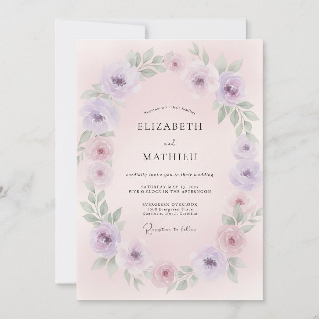 Lavendel-Rosa-Kranz-Hochzeit Einladung (Vorderseite)