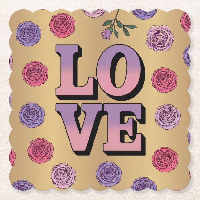 Lavendel Rosa LIEBE Gold Untersetzer Scalloped Set (Vorderseite)
