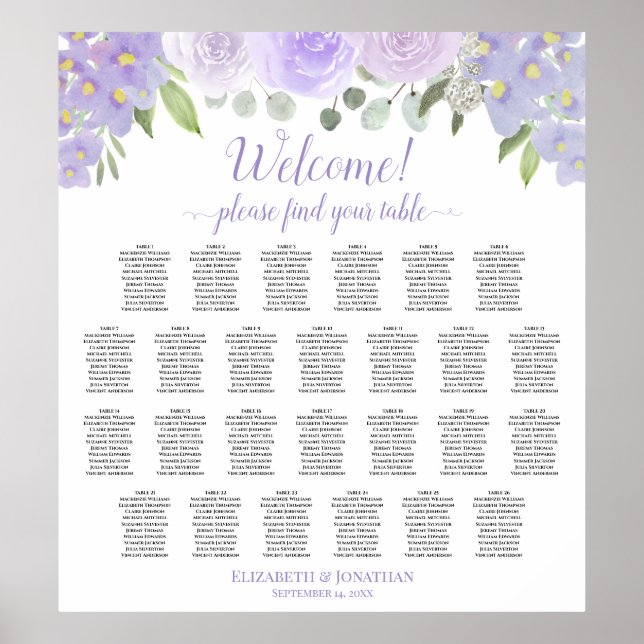 Lavendel Rose 26 Tabelle Boho Hochzeitskarte Poster (Vorne)