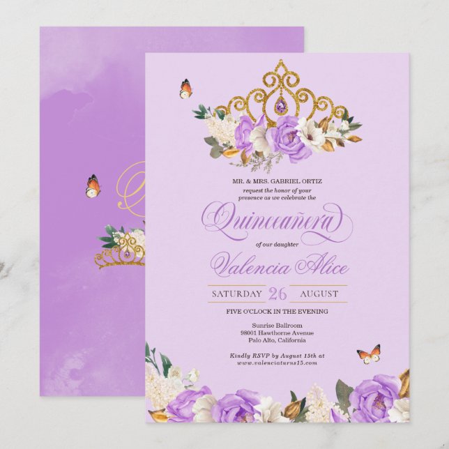 Lavendel Rose Goldprinzessin Butterfly Quinceañera Einladung (Vorne/Hinten)