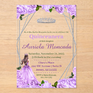 Lavendel Rose Quinceanera Acryleinladungen