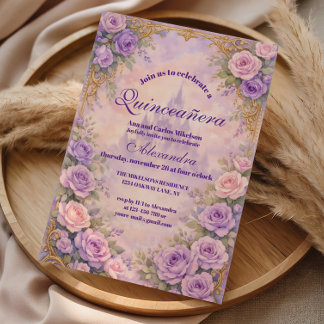 Lavendel-Roségold-Garten-Quinceañera Einladung