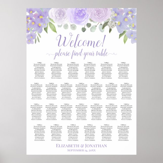 Lavendel-Rosen 26 Tisch Boho-Hochzeits-Sitzplan Poster (Vorne)