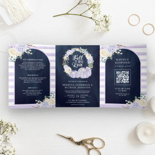 Lavendel-Rosen-Kürbis-QR-Code-Navyblau-Hochzeit Dreifach Gefaltete Einladung