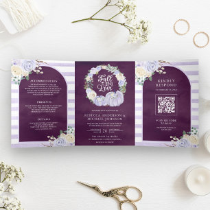 Lavendel Rosen Kürbis QR Code Pflaume Hochzeit Dreifach Gefaltete Einladung