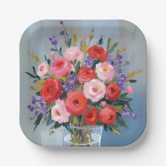 Lavendel-Rosen-Sträußchen | Blumen Malerei Floral Pappteller (Vorderseite)