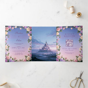 Lavendel-Rosen-Wisteria-Zwielicht-Schloss-Hochzeit Dreifach Gefaltete Einladung