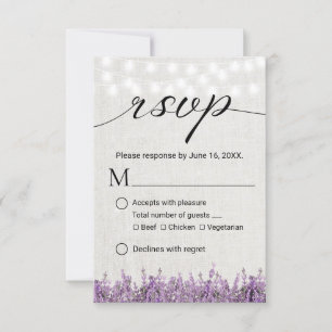 Lavendel-rustikales Leinenhochzeit MIT BLUMENUAWG RSVP Karte