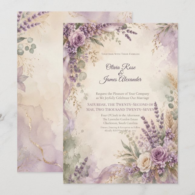 Lavendel-Sage-Hochzeit  | Rustikaler Boho-Chic Einladung (Vorne/Hinten)