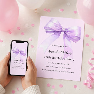 Lavendel-Schleife rosa Kokette Mädchen-Geburtstag Einladung
