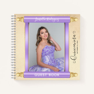 Lavendel-Schriftrolle Foto Quinceañera Gästebuch Notizbuch