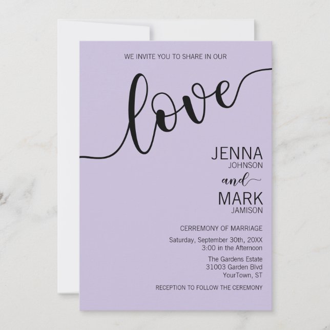 Lavendel-Schwarze Liebe-Script Minimalistische Hoc Einladung (Vorderseite)