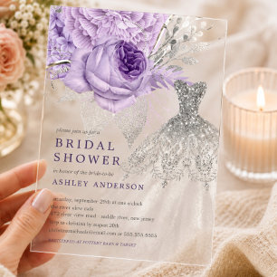 Lavendel Silber Blumen Hochzeitskleid Brautparty Acryleinladungen