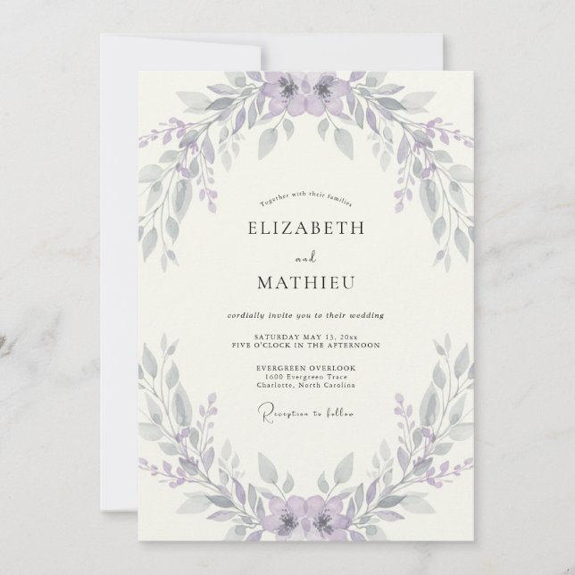 Lavendel-Silber-Kranz-Hochzeit Einladung (Vorderseite)