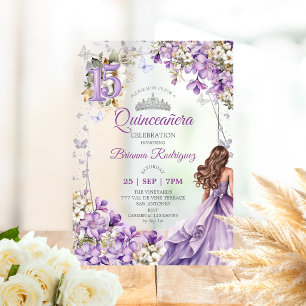 Lavendel-Silber-Tiara-Blumen-Quinceañera Acryleinladungen