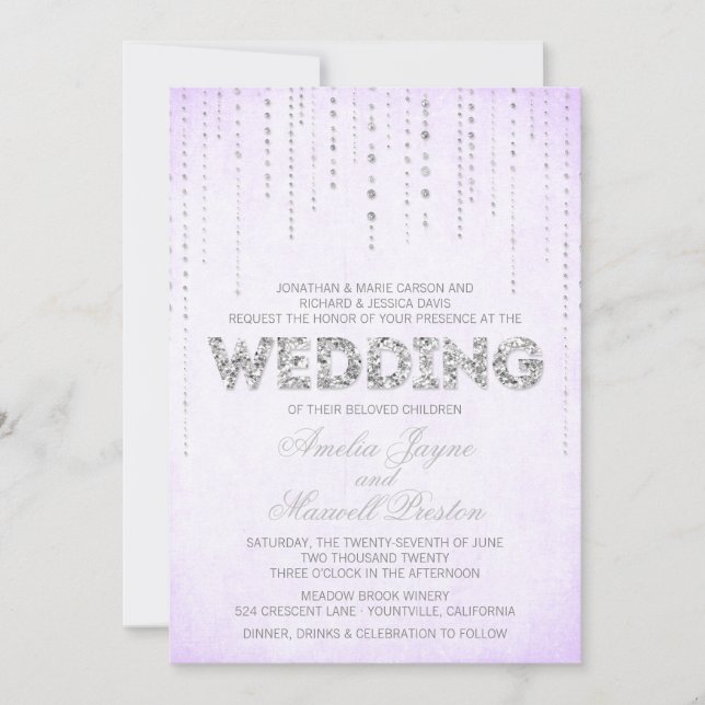 Lavendel & Silver Glitzer Hochzeitsempfang Einladung (Vorderseite)