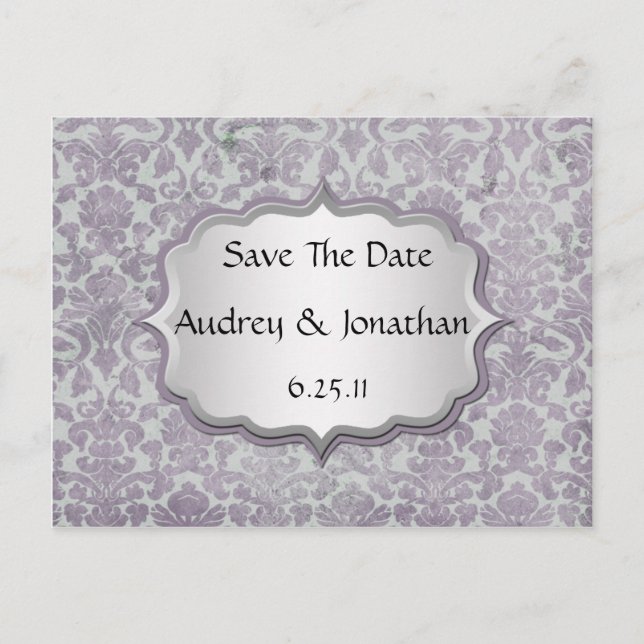 Lavendel Silver Grunge Damask Save the Date Ankündigungspostkarte (Vorderseite)