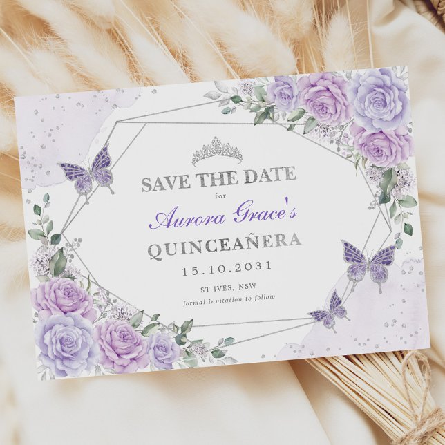 Lavendel Silver Rose Quinceanera Save the Date Ankündigung (Von Creator hochgeladen)
