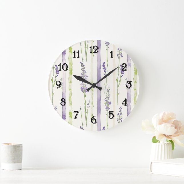 Lavendel Streifen Blumen   Große Wanduhr (Zuhause)