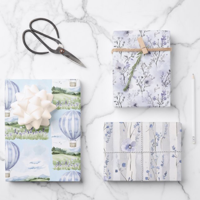 Lavendel Stripes Balloon Brautparty Geschenkpapier Set (Vorderseite)