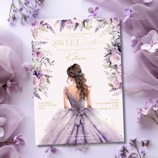 Lavendel Sweet 16 16 Lila Kleid Floral Einladung (Lavender Sweet 16 Sixteen Purple Dress Floral Invitation
)