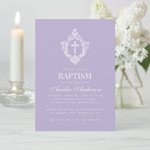 Lavendel Taufkreuz Blumenwappen Elegantes Lila Einladung