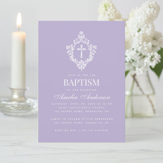 Lavendel Taufkreuz Blumenwappen Elegantes Lila Einladung