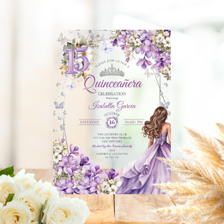 Lavendel-Tiara-Blumen-Schmetterlinge Quinceañera Acryleinladungen