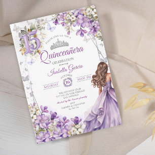 Lavendel-Tiara-Blumen-Schmetterlinge Quinceañera Einladung